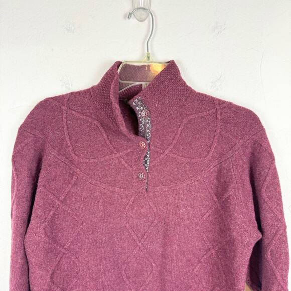 Horny Toad Maroon Lambswool Joanna 1/4 Button Chunky Cable Knit Sweater Size L - Picture 2 of 9